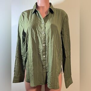 Madewell‎ Women Large Crinkled Button-Up Shirt Olive green blouse long sleeve